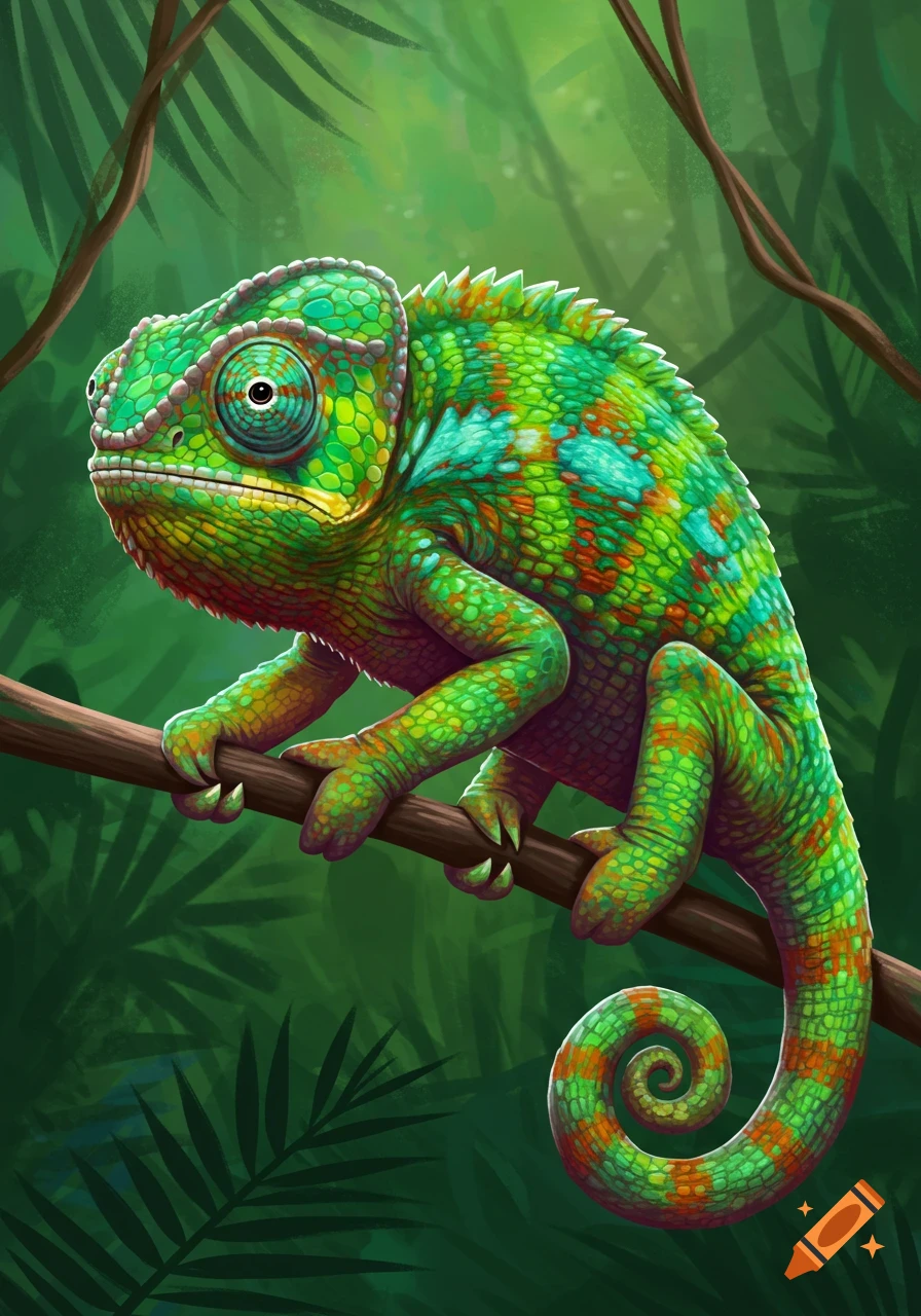 A vibrant green and orange chameleon sits on a branch in a lush jungle.