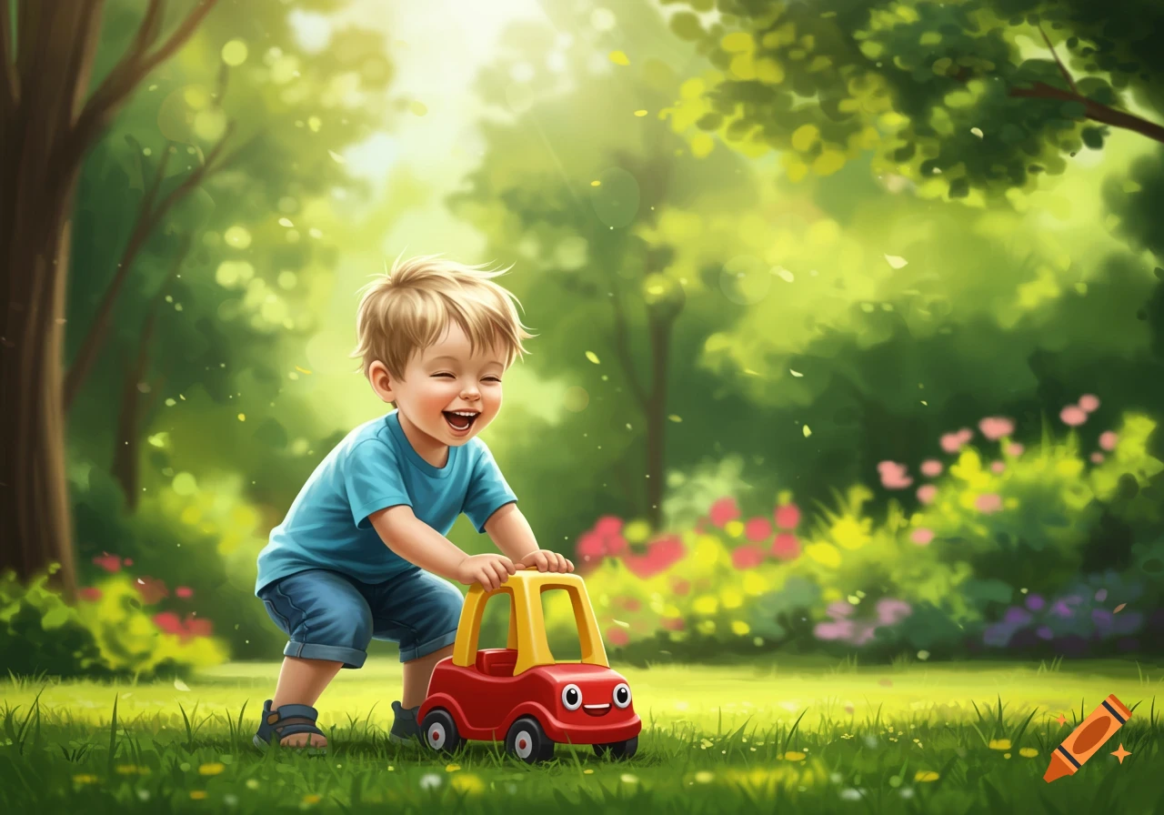 Illustration of a happy child playing with a toy car in a sunny park.