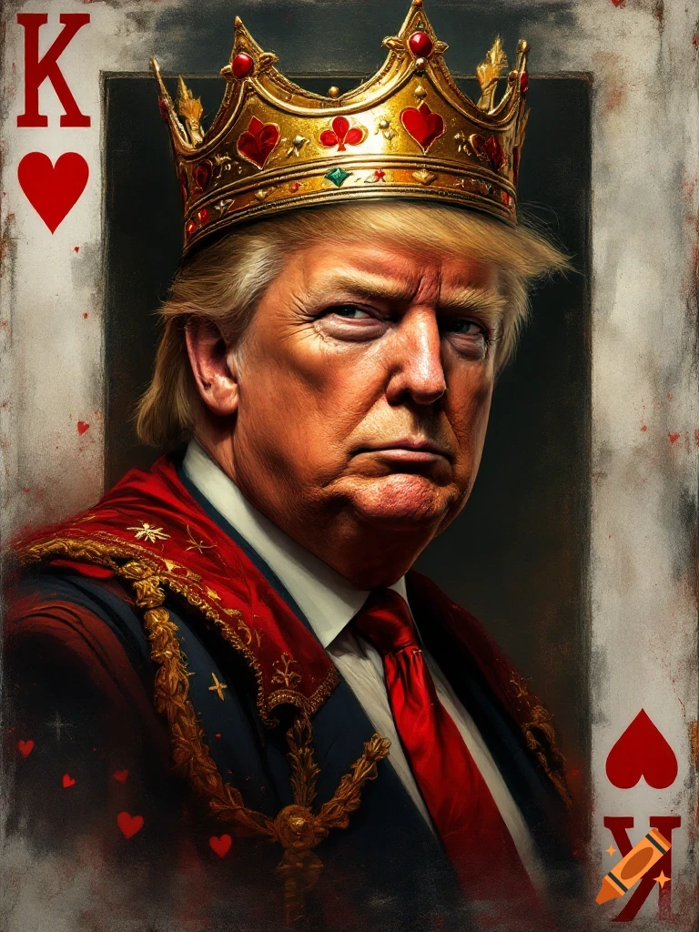 Playing card featuring Donald Trump depicted as the King of Hearts wearing a crown and regal robes.