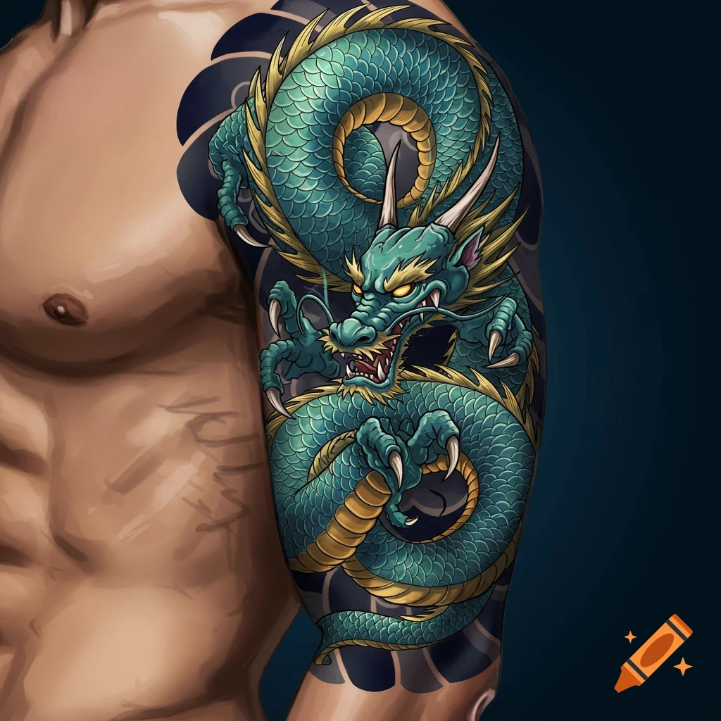 A large green and gold dragon tattoo wraps around a person's arm and shoulder.