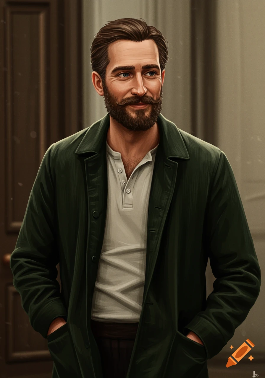 Illustration portrait of a man with a mustache and beard wearing a green jacket.