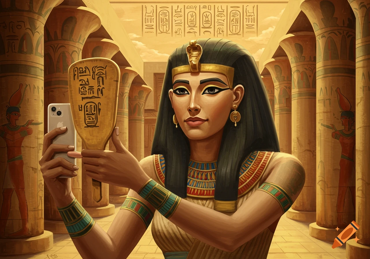 An ancient Egyptian queen taking a selfie with a smartphone reflecting her image in a gilded mirror, inside a temple.