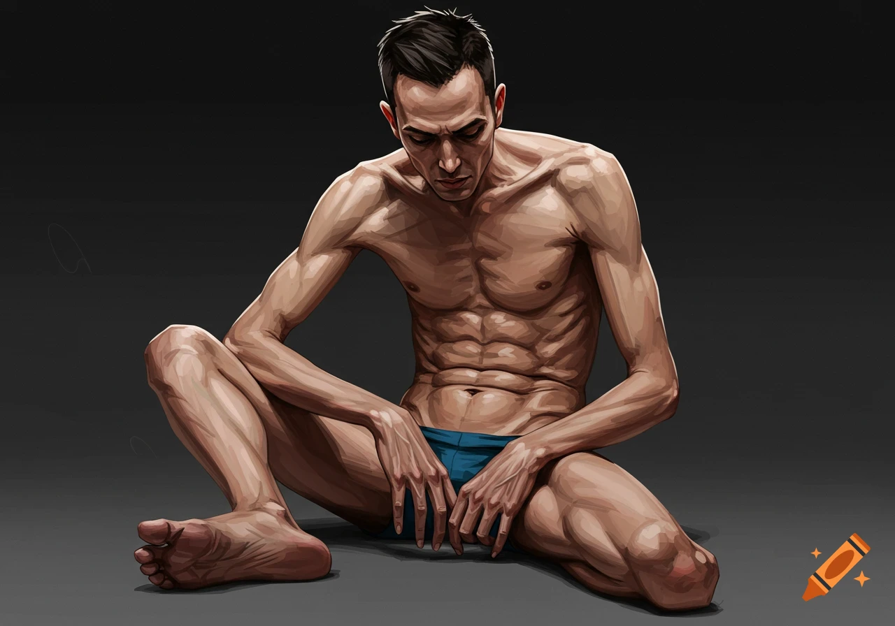 Illustration of an extremely thin man sitting on the floor