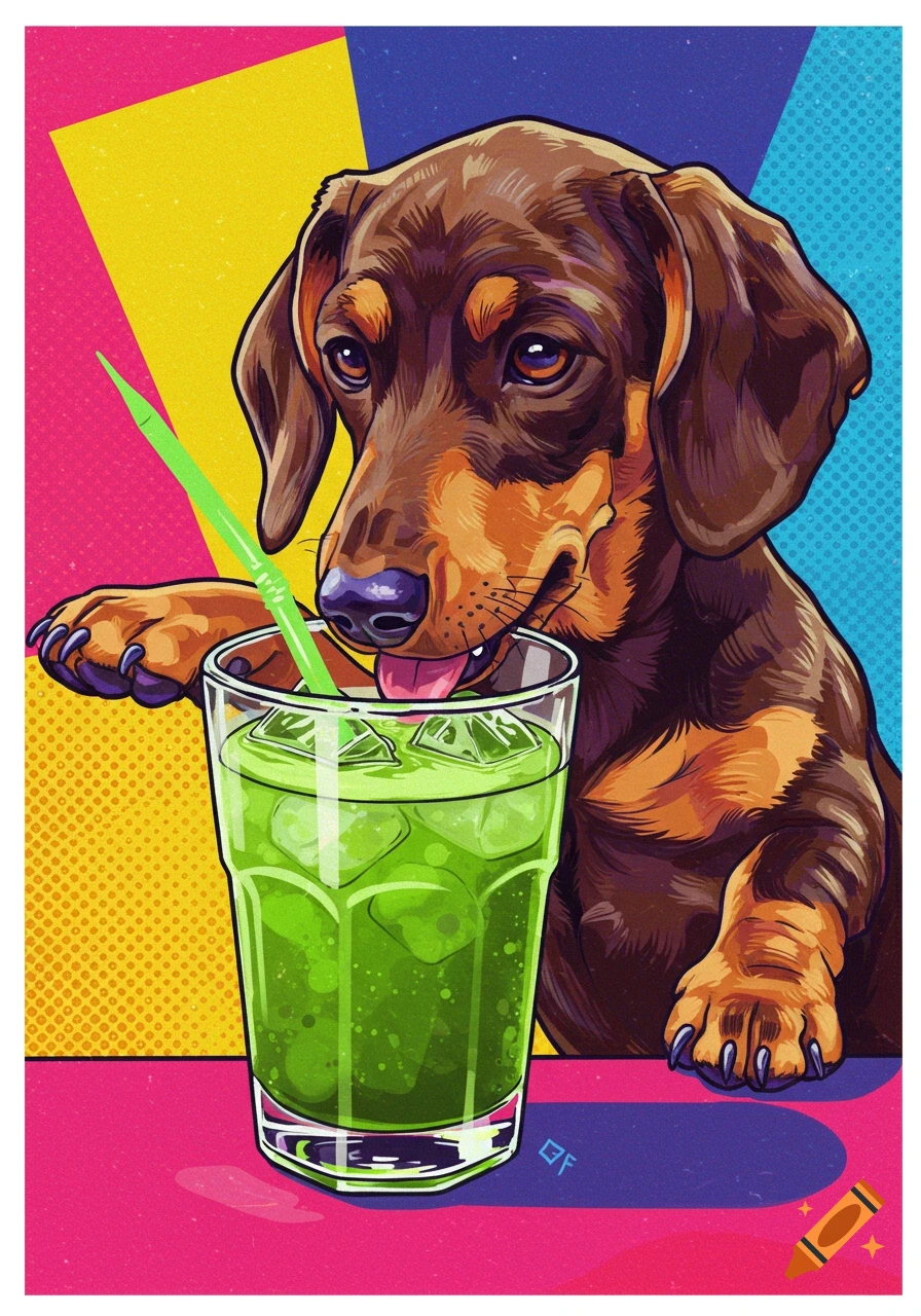 Dachshund drinking a green iced drink with a straw in pop art style.