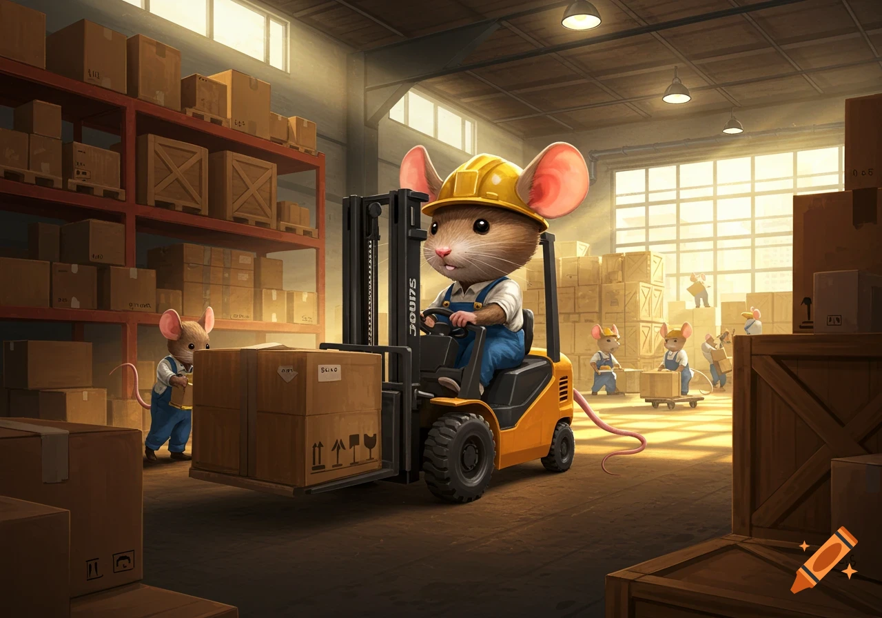 A cartoon mouse drives a forklift loaded with boxes in a warehouse while other mice work around him.