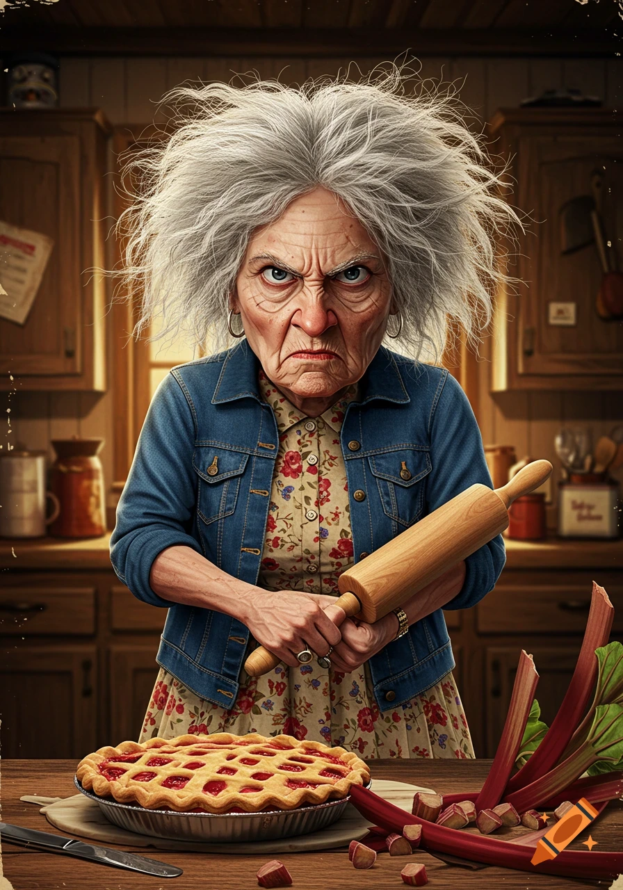 An angry older woman with messy gray hair holds a rolling pin in a ...
