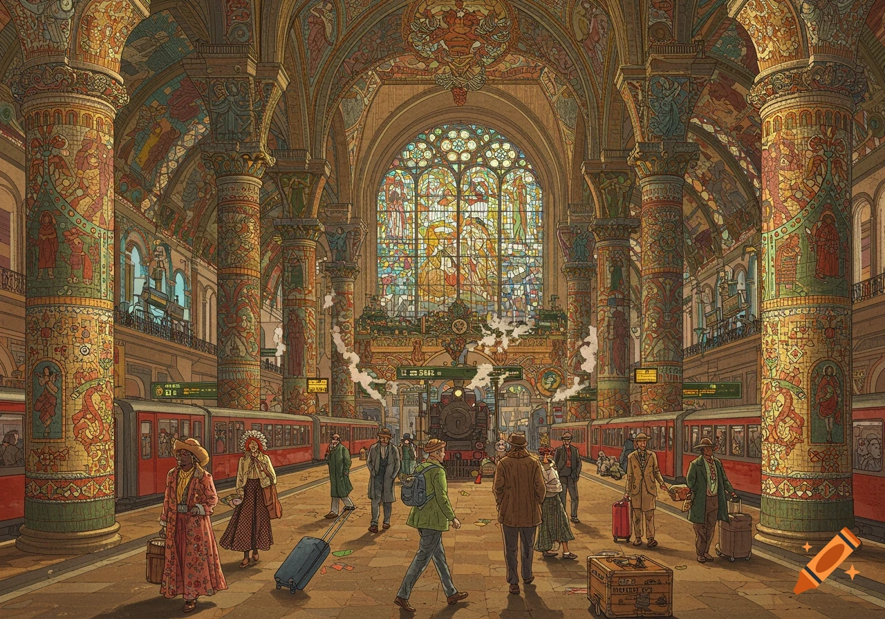 Detailed illustration of a busy, ornate train station with passengers and trains.