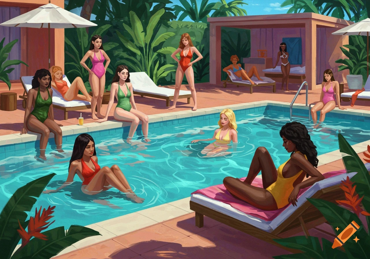 Women in swimsuits lounging by a swimming pool