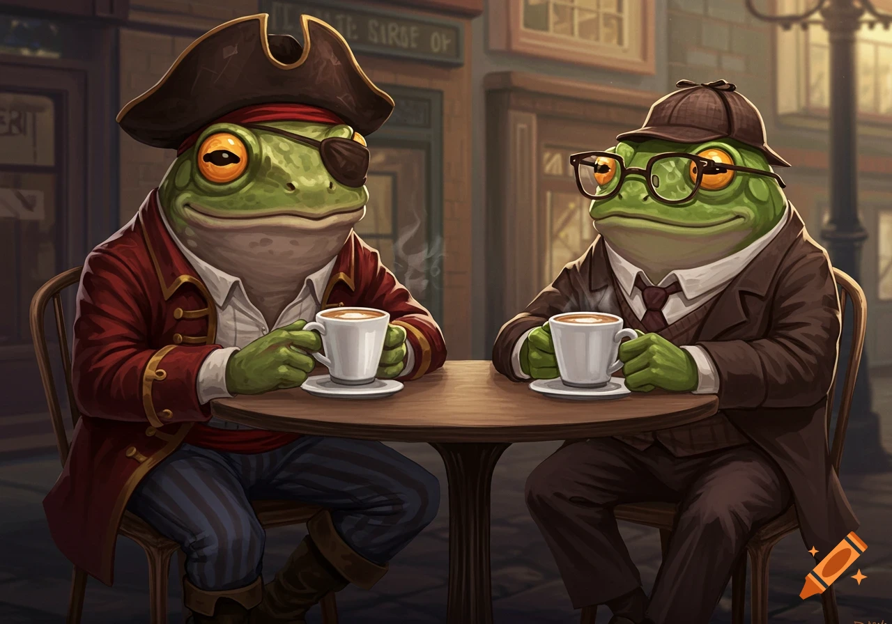 Illustration of a pirate frog and a detective frog sitting at a cafe with coffee.