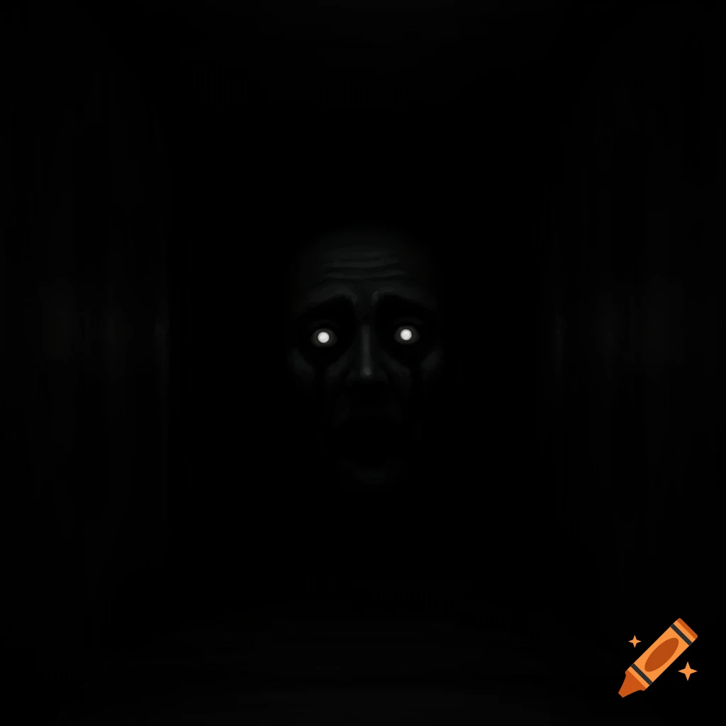 A dark, unsettling face with glowing white eyes stares out from pitch blackness.