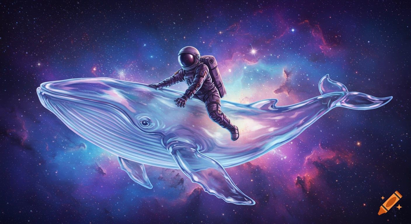 An astronaut rides a translucent whale through a vibrant starry galaxy. Digital art.