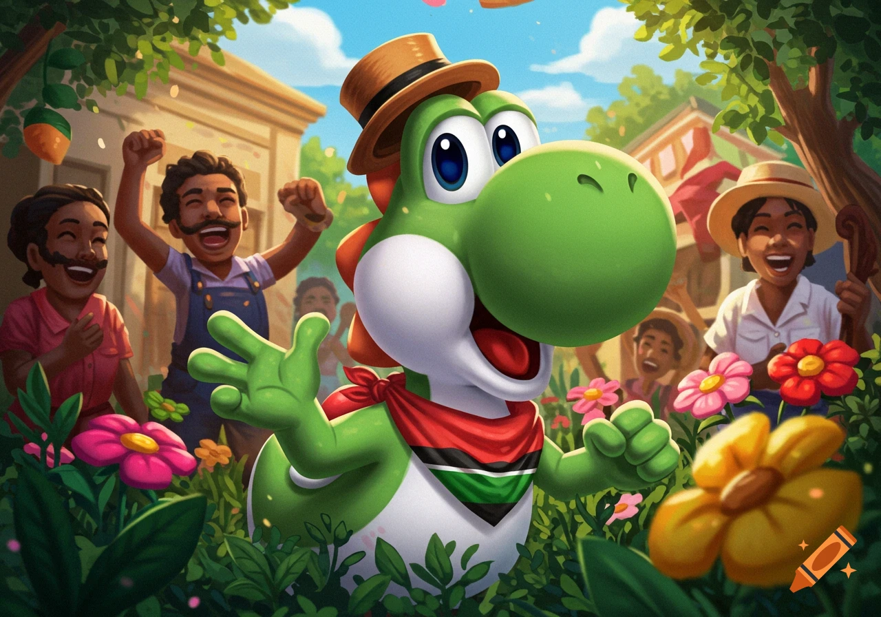 Cartoon Yoshi wearing a bandana celebrates with people in a village scene.