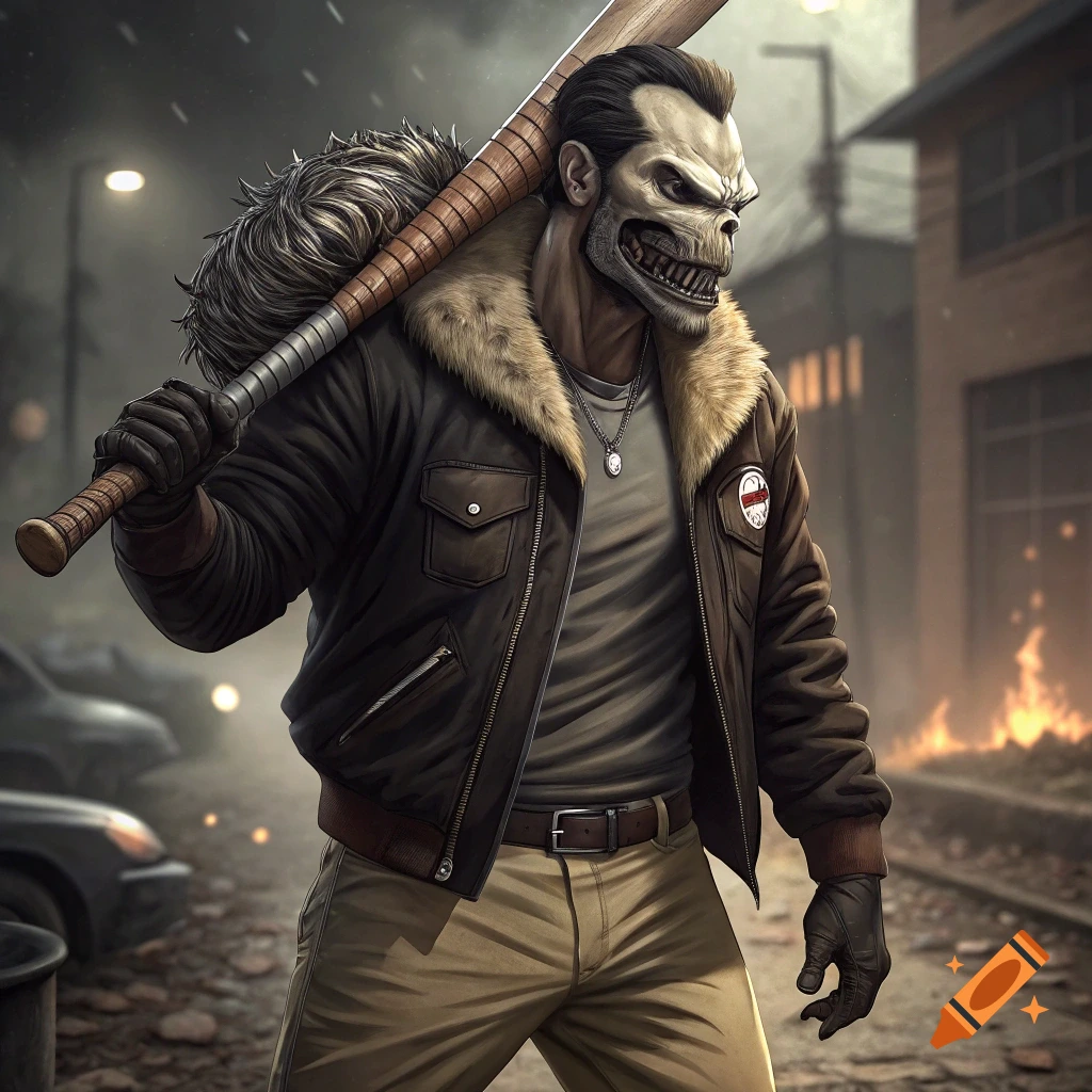 A character with a skull face, leather jacket, and baseball bat stands in an urban street.