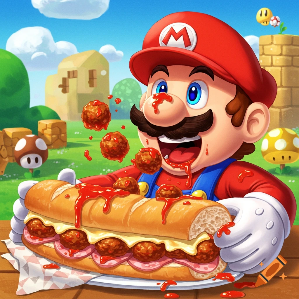 Mario eats a large meatball sub sandwich in a cartoon style