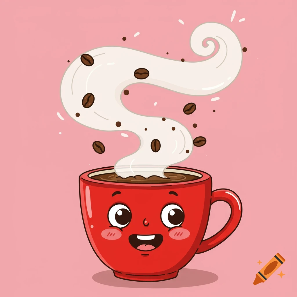 A cute cartoon red coffee cup with a face, steam, and coffee beans floating above it.