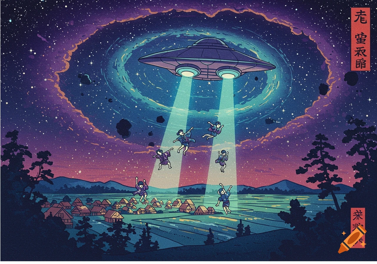 A UFO abducts people from a village under a starry sky, in the style of a Japanese woodblock print.