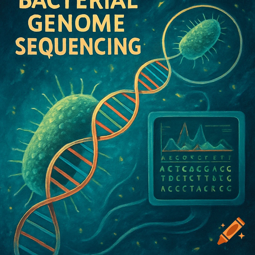 Stylized illustration of bacterial genome sequencing, showing a bacterium, DNA helix, and screen with sequence data.