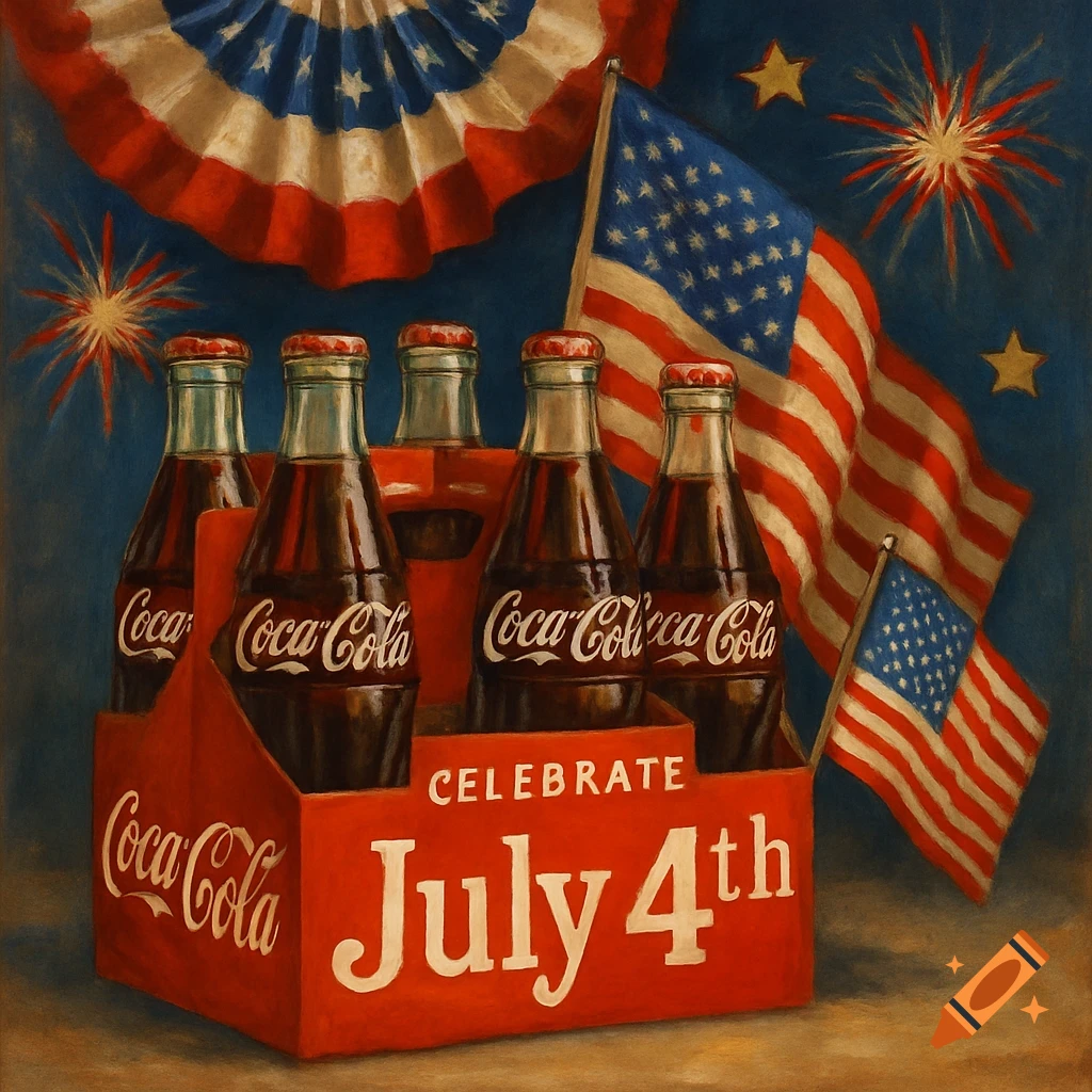 Painted scene of Coca-Cola bottles in a Celebrate July 4th carrier with US flags and fireworks.