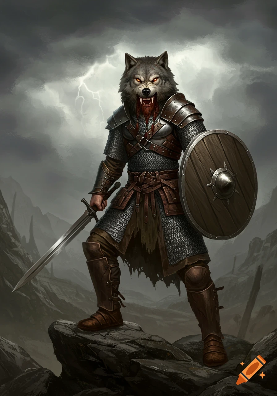 A fantasy warrior with a wolf head helmet, wearing chainmail and leather armor, stands on a rock holding a sword and shield in a stormy landscape.