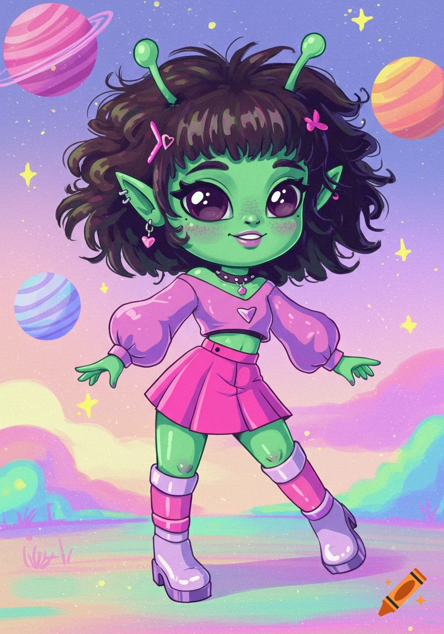 Cute green alien girl with shaggy dark hair wearing a pink skirt and crop top in a colorful space landscape.