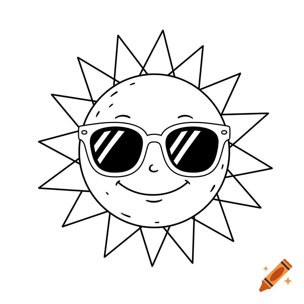 Line art drawing of a cartoon sun wearing sunglasses.
