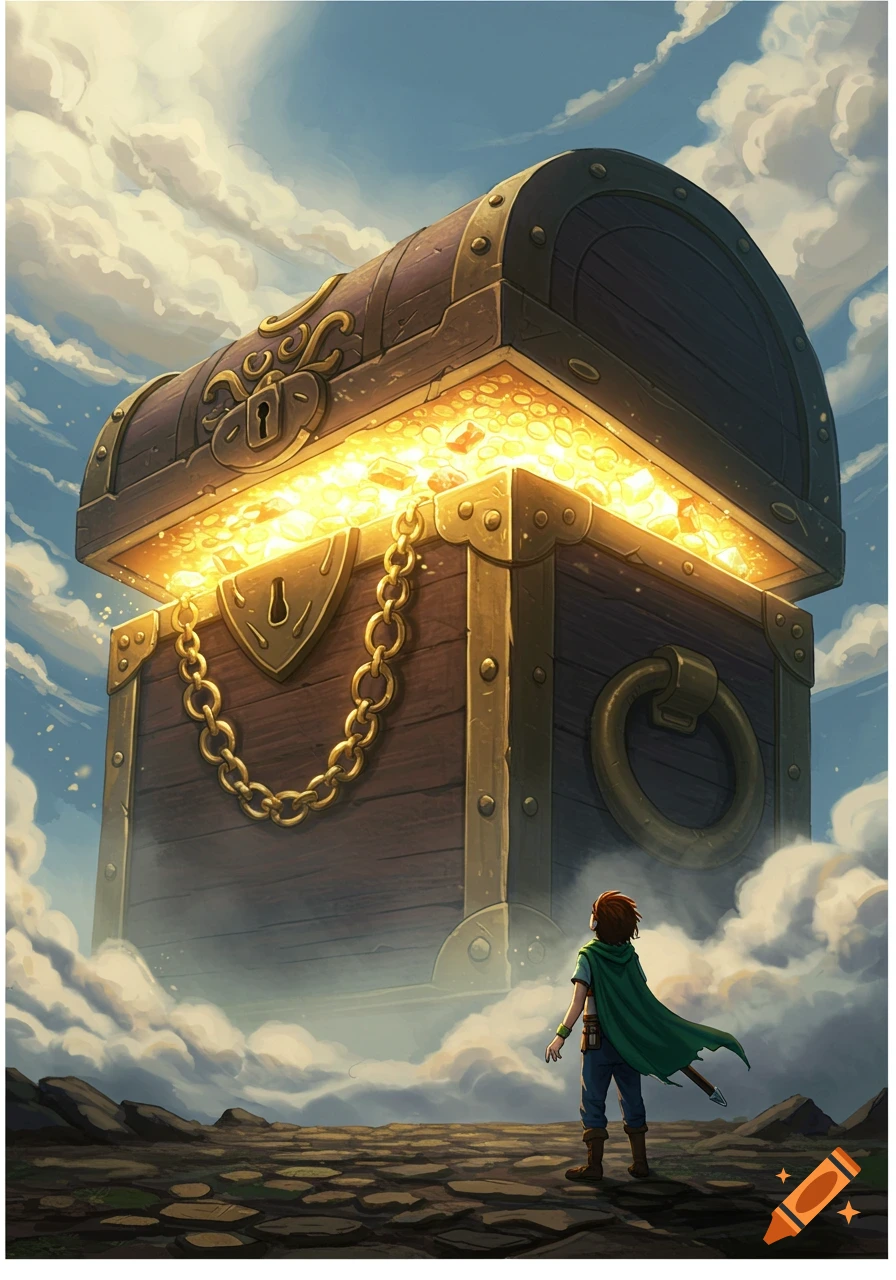 A small person looks up at a giant glowing treasure chest under a cloudy sky, in a fantasy art style.