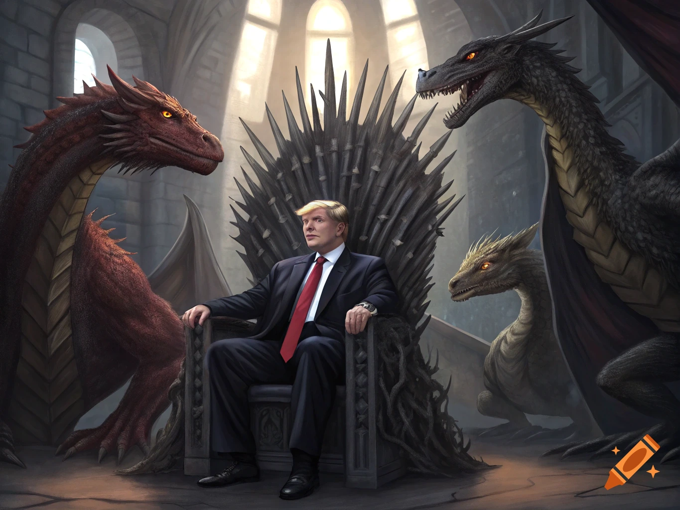 Donald Trump sits on the Iron Throne with three dragons surrounding him in a castle.