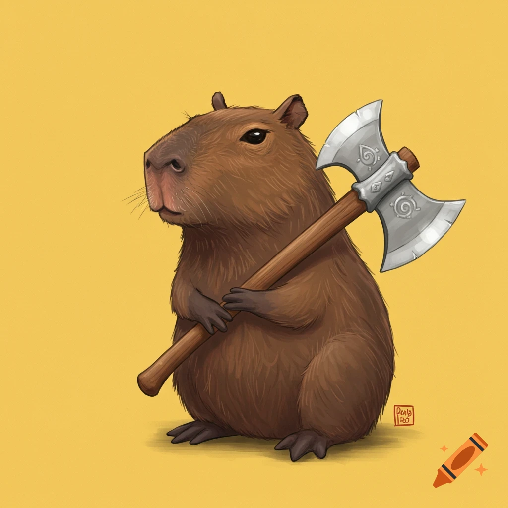 A cute cartoon capybara holds a battle axe on a yellow background.
