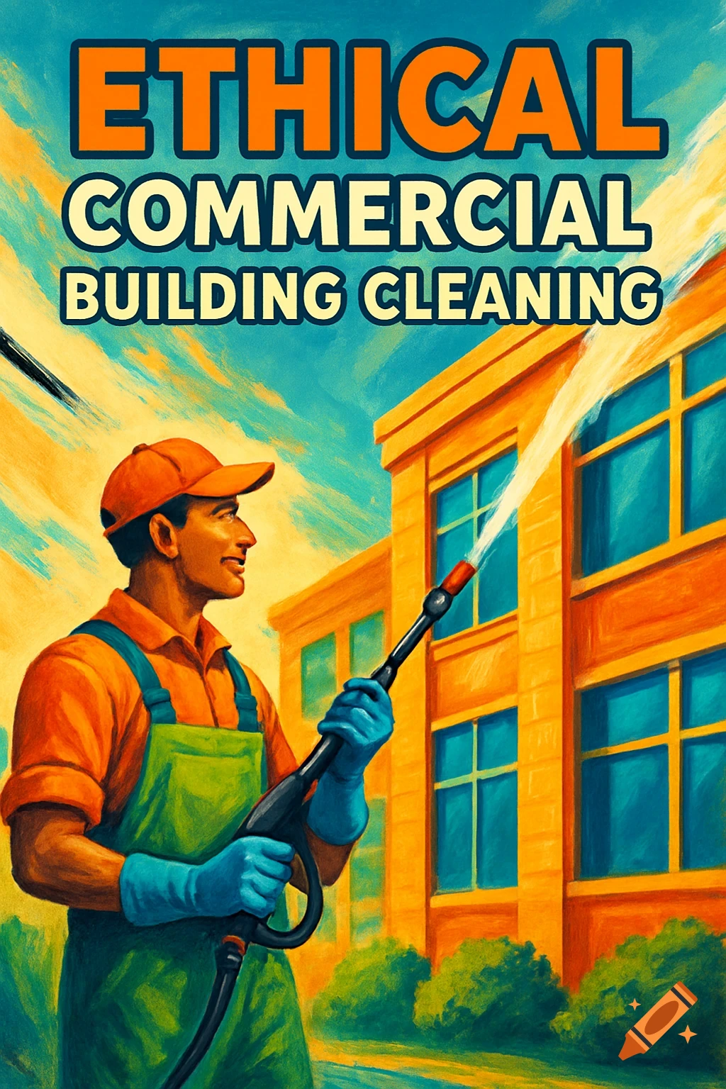 Poster of a man power washing a commercial building with the text 'Ethical Commercial Building Cleaning'.