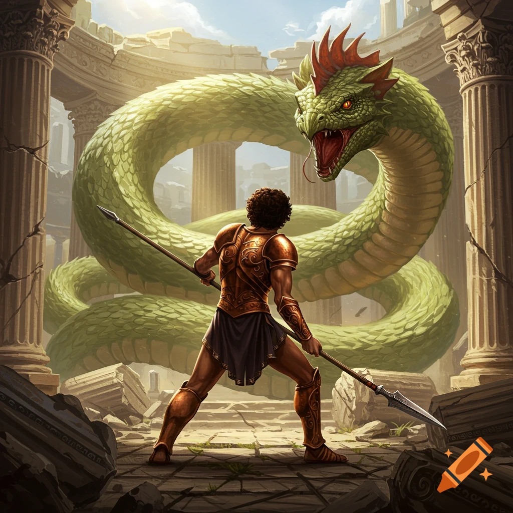 Warrior in ancient armor fighting giant green serpent in temple ruins.