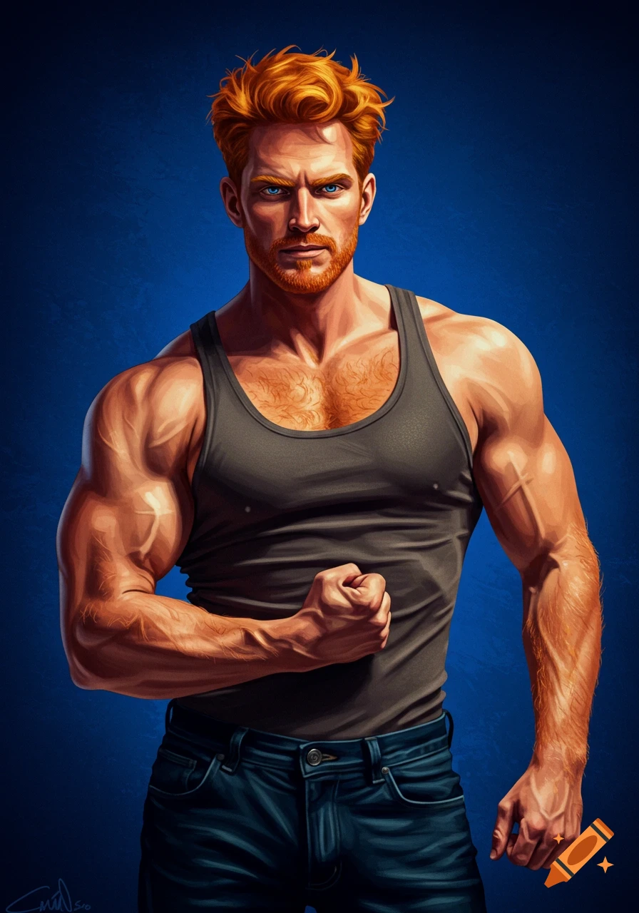 Illustration of a muscular ginger man with blue eyes posing in a tank top and jeans.