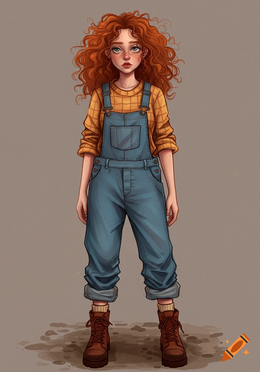 Drawing of a young woman with red curly hair in overalls and boots.