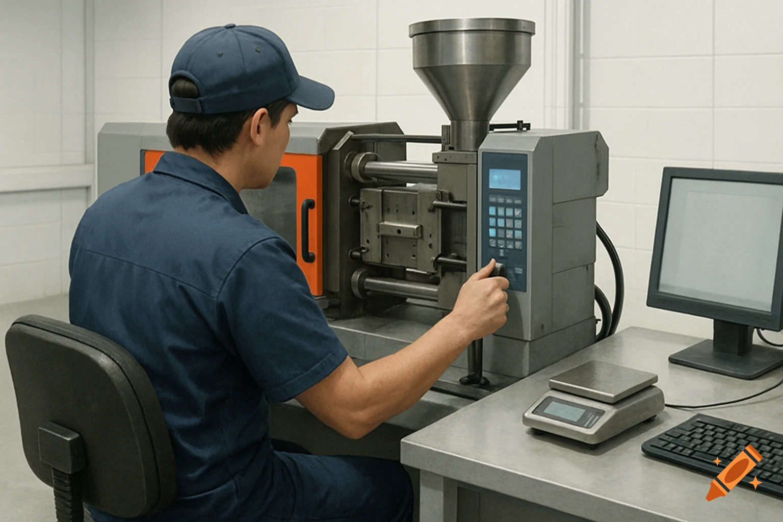 A manufacturing operator works at a machine with a scale and computer nearby.