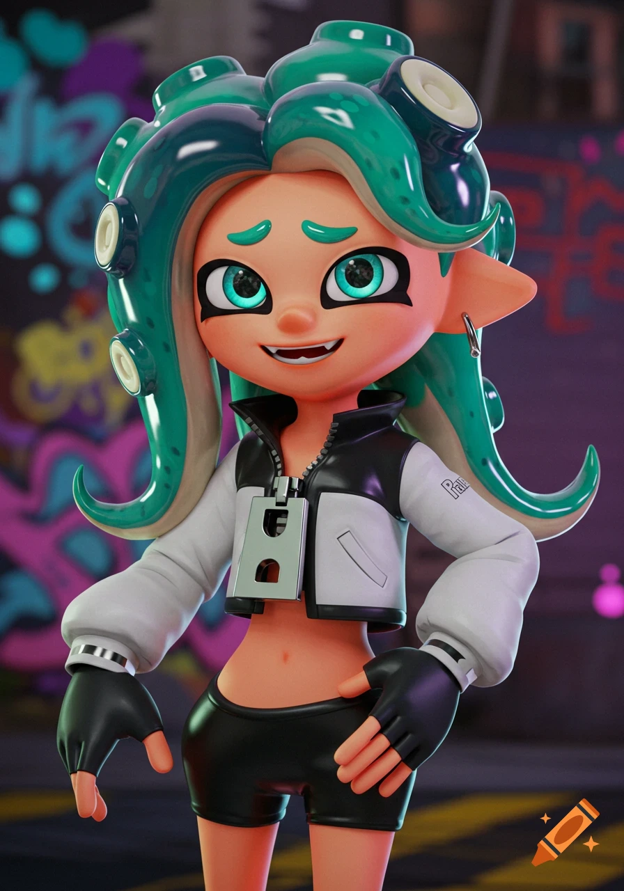 3D render of Marina from Splatoon in a black and white jacket and shorts.
