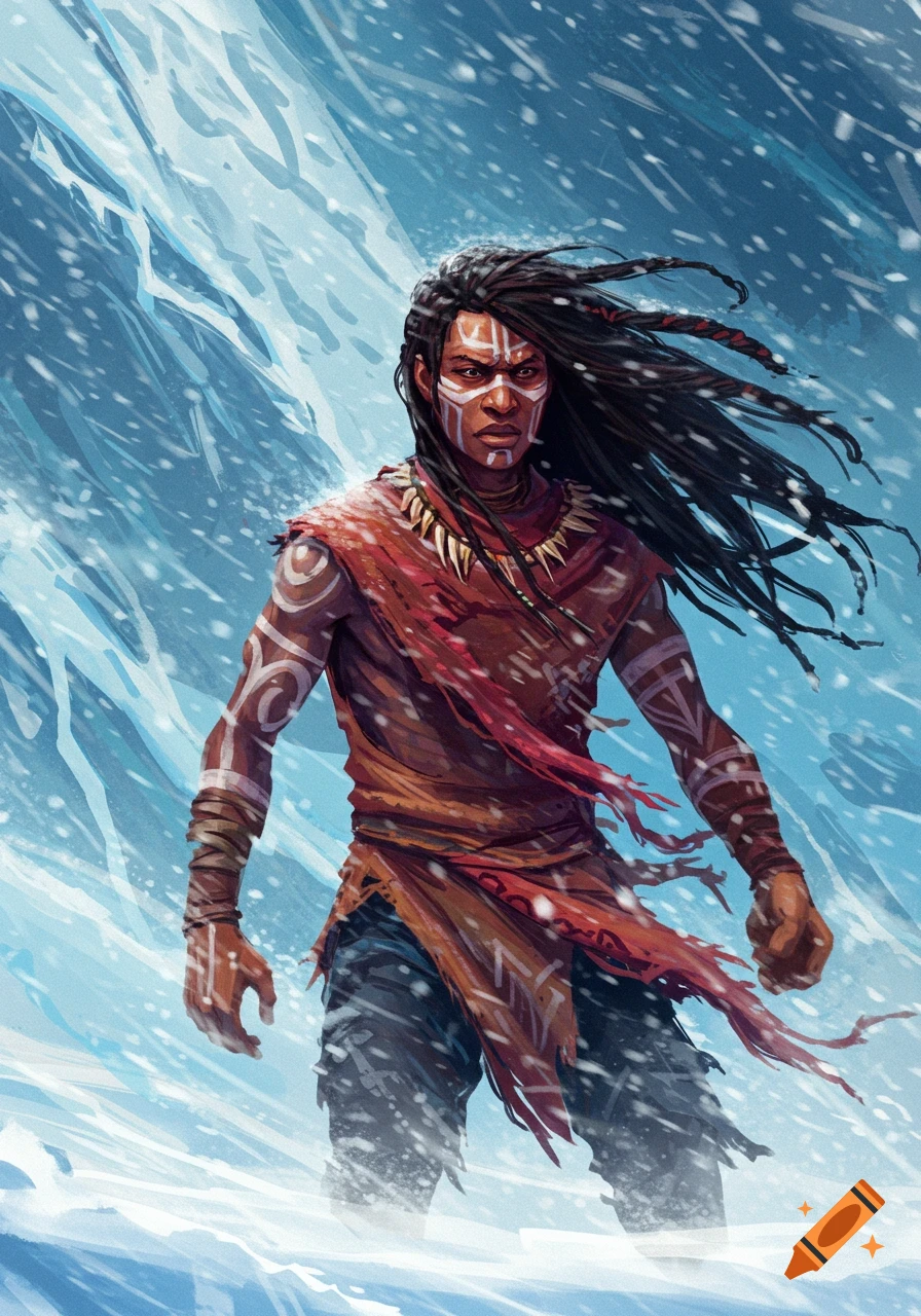 Portrait of a person with face paint and dreadlocks in tribal clothing standing in a blizzard, digital painting.