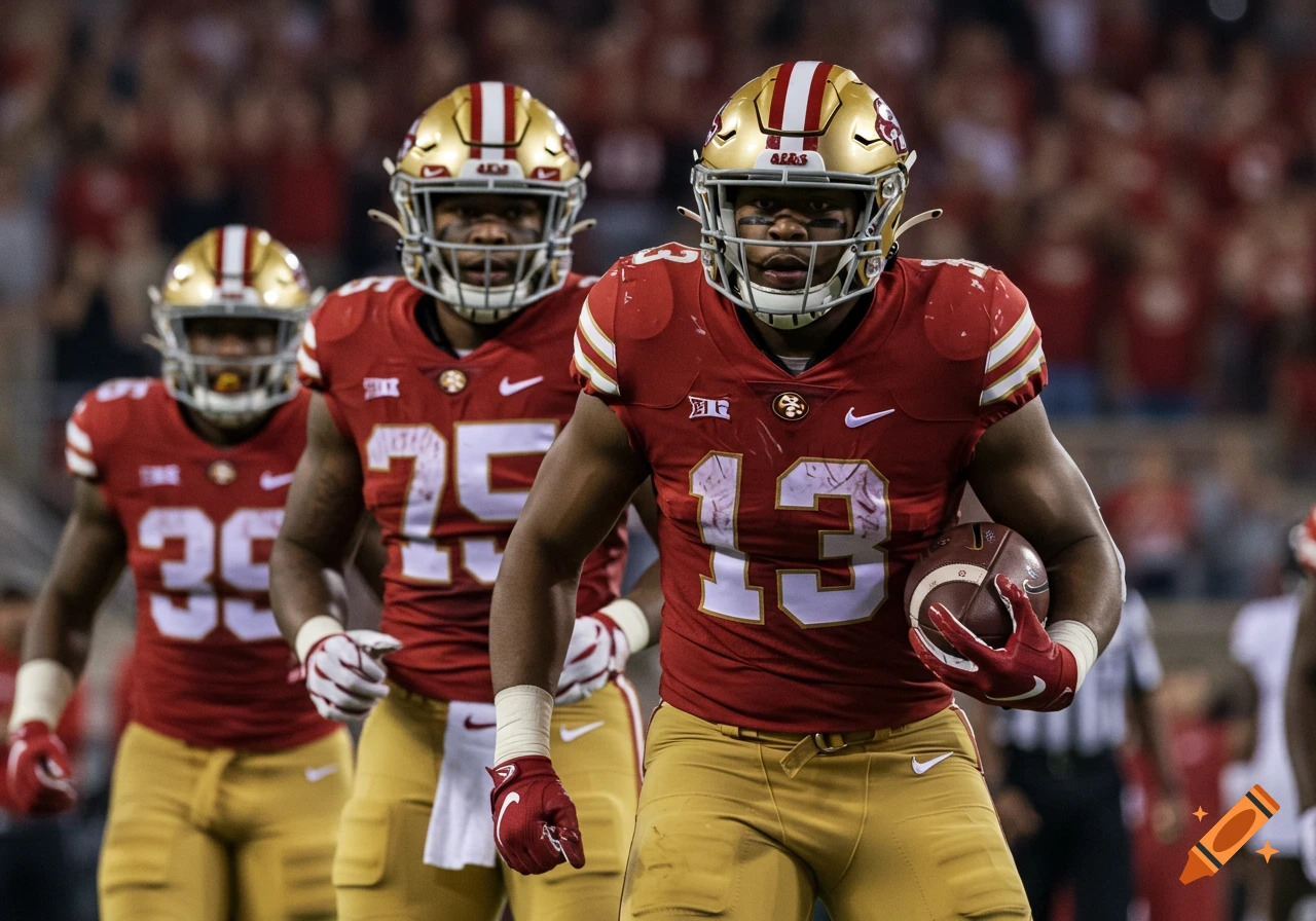 Three football players in red and gold uniforms on a field.