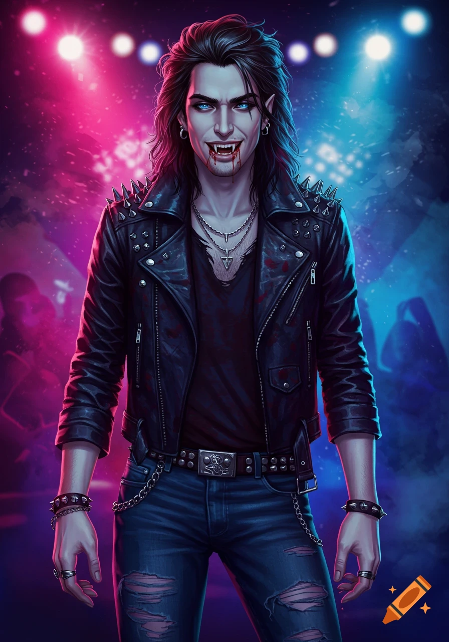 Stylized illustration of a vampire rockstar in a leather jacket with blood on his face.