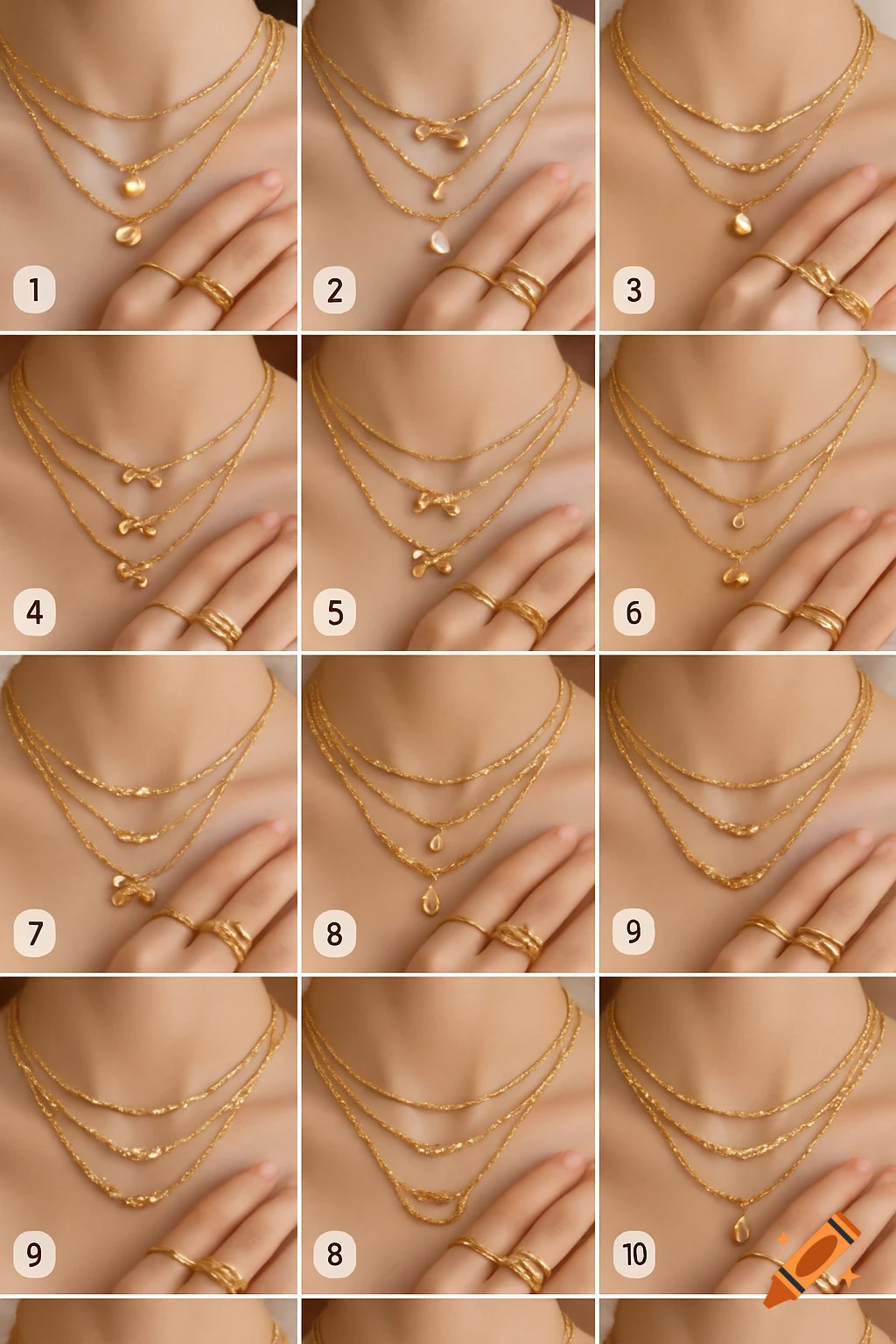 Close-up grid showing layered gold necklaces and rings on a person