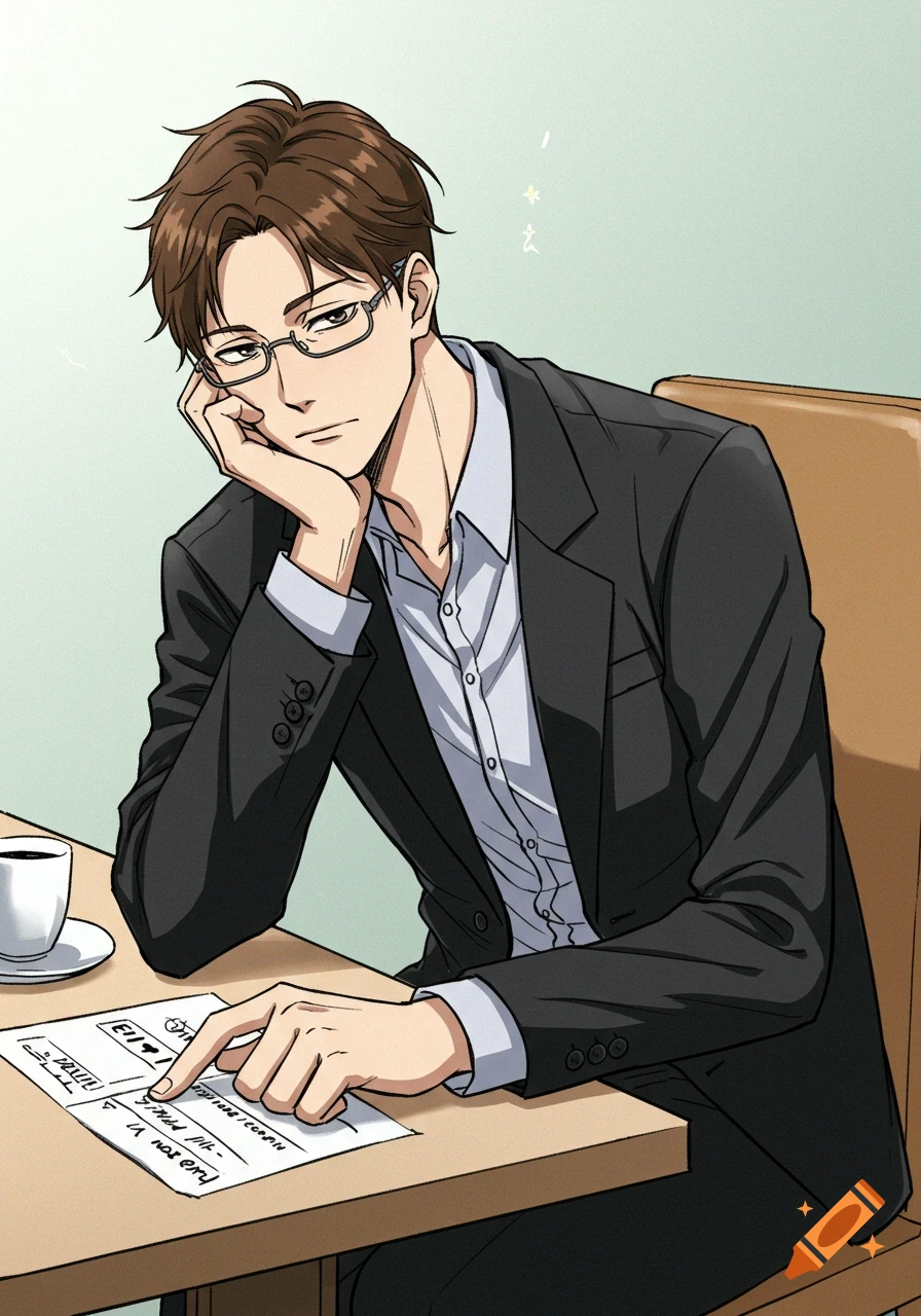 Anime man in suit and glasses sitting at a table, pointing at a document.