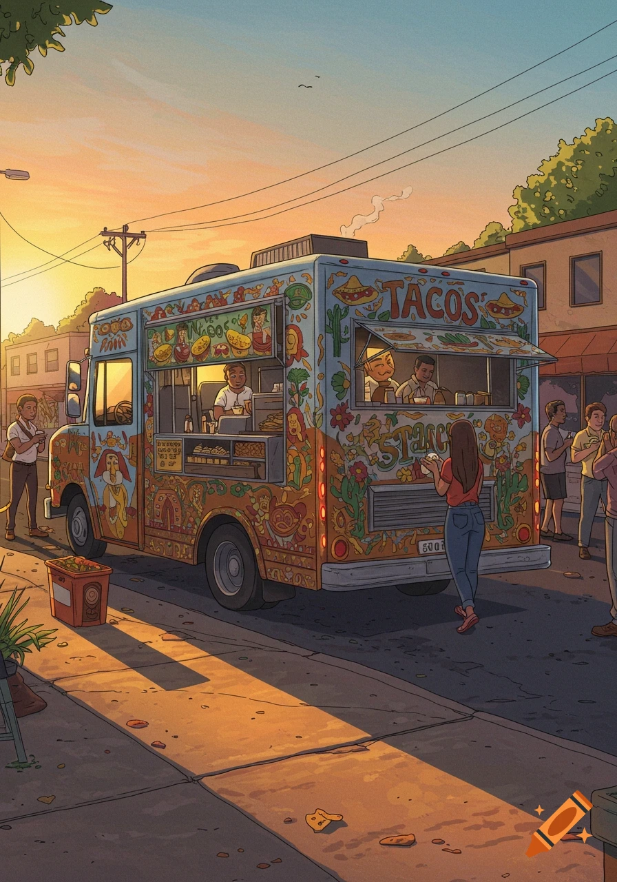 Illustration of a vibrant taco truck on a street at sunset with people