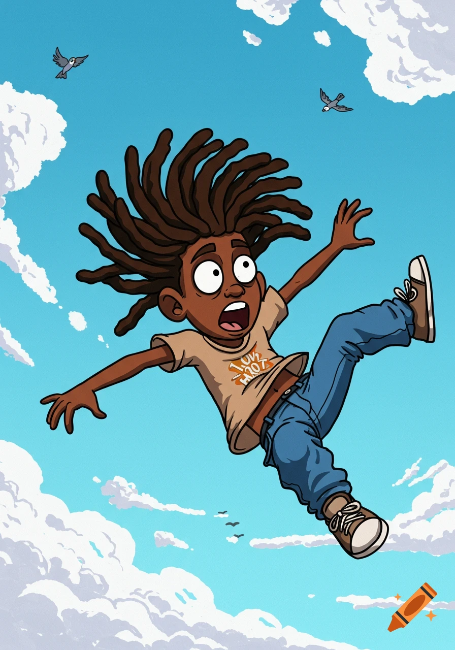 Cartoon illustration of a boy with dreadlocks falling through a cloudy blue sky, with birds flying around.