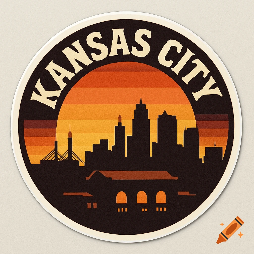 A retro-style circular sticker showing the Kansas City skyline in silhouette against an orange and yellow sunset, with "KANSAS CITY" text above.