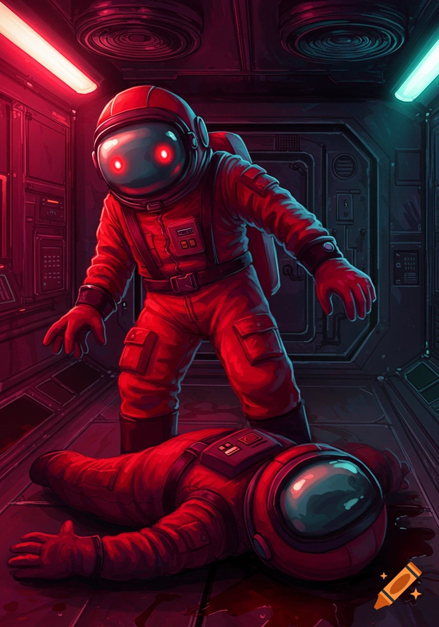 Red Among Us imposter stands over a body in a sci-fi corridor, illustration.