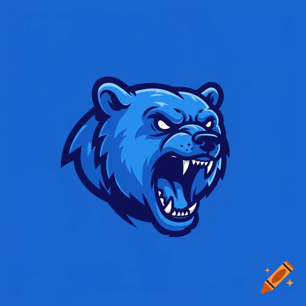 A blue cartoon-style bear head logo with sharp teeth roaring on a blue background.