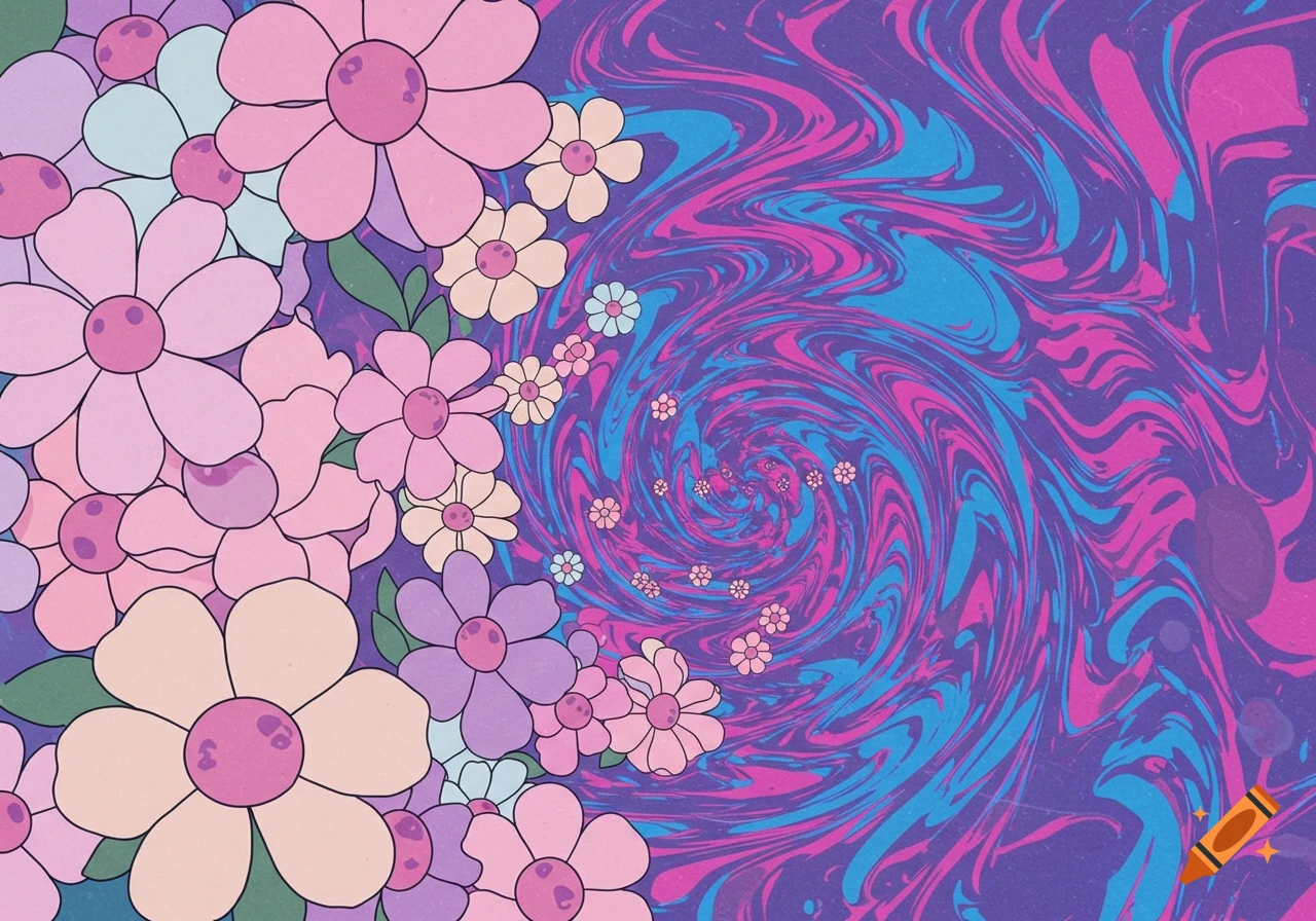 60s-style flowers transition into a swirling psychedelic pattern.