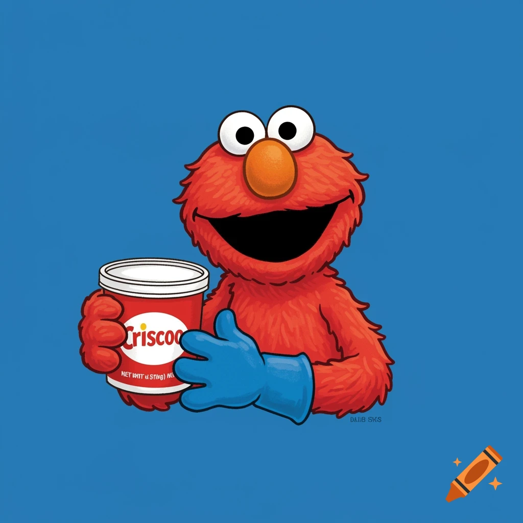 Cartoon Elmo holding a tub of Crisco and wearing a blue glove on a blue background.