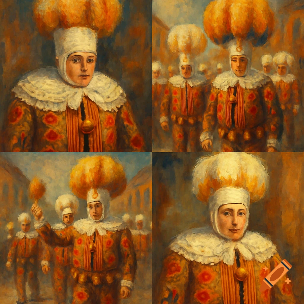 Painterly image of people in orange and white carnival costumes with large headdresses.