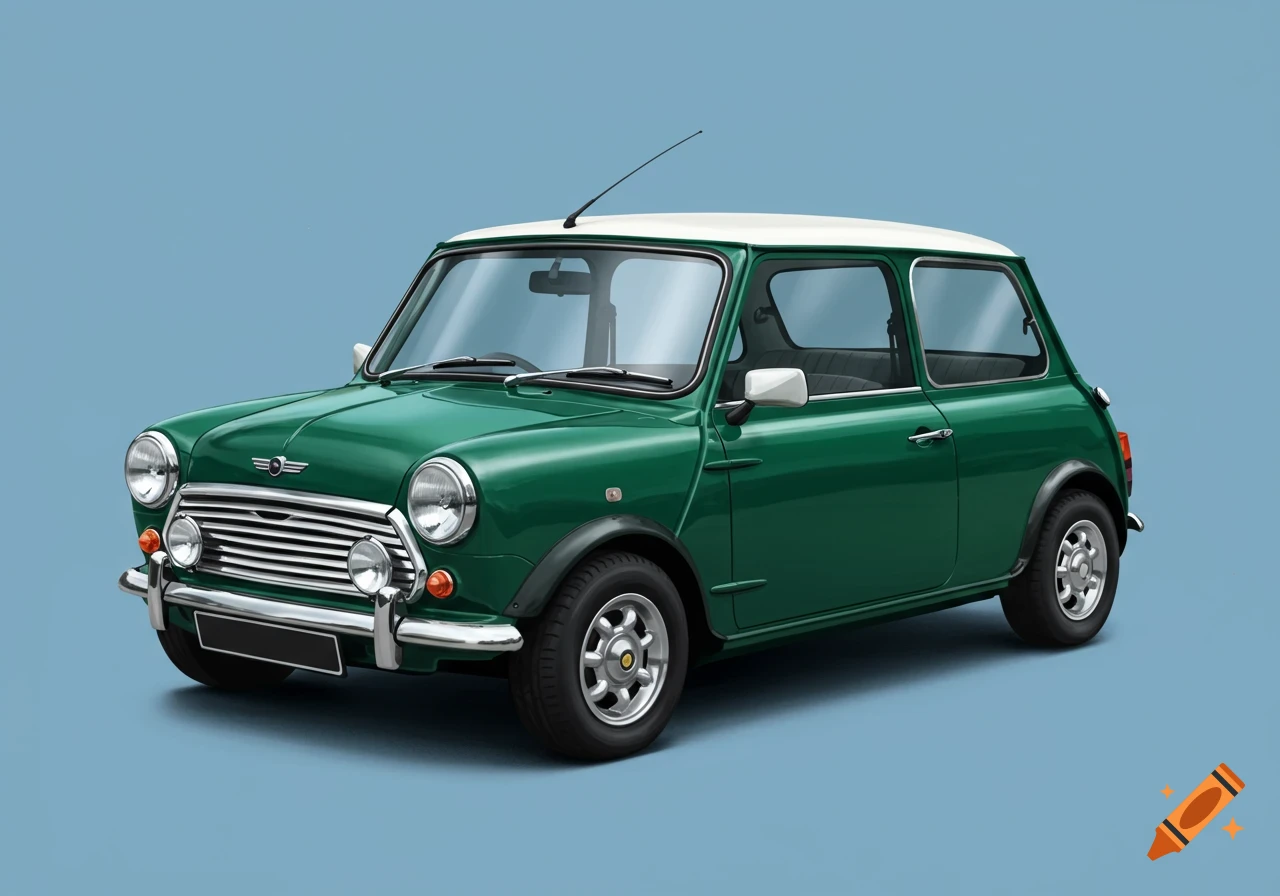 A digital illustration of a green classic Mini Cooper against a blue background.