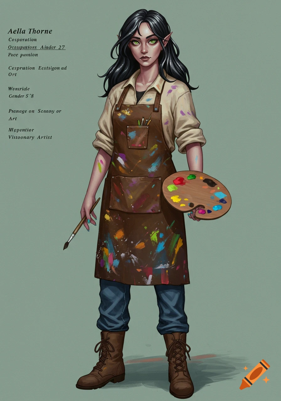 Illustration of a female fantasy character, an artist with pointed ears, holding a paint brush and palette, wearing a paint-splattered apron.