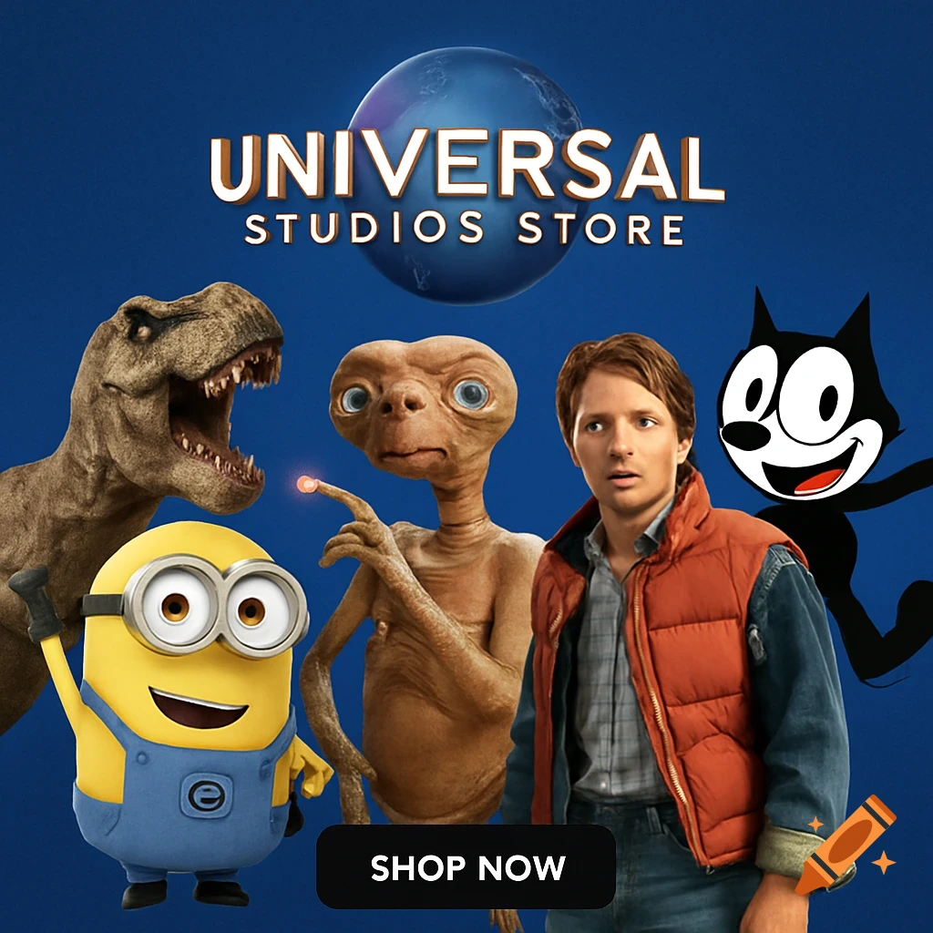 Universal Studios Store ad with movie characters: T-Rex, Minion, ET, Marty McFly, Felix the Cat, and a Shop Now button.
